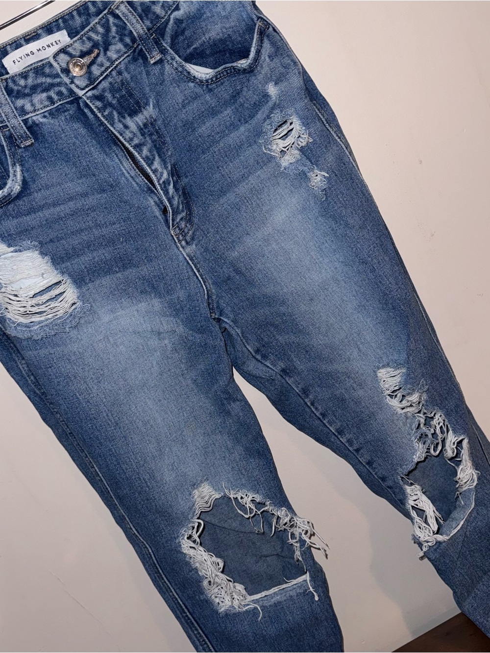Flying Monkey Women's Distressed Medium Blue Boyfriend Jeans